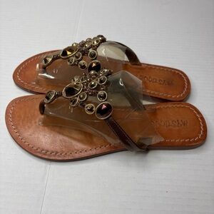 MYSTIQUE Brown Crystal Slip On Leather Sandals Size 8
